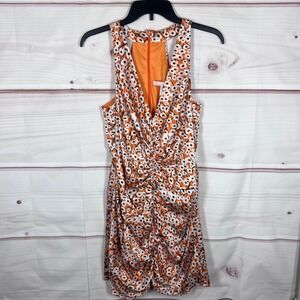 Hutch Mini Dress Women Medium Orange Floral Ruched Satin V-Neck Sleeveless Lined